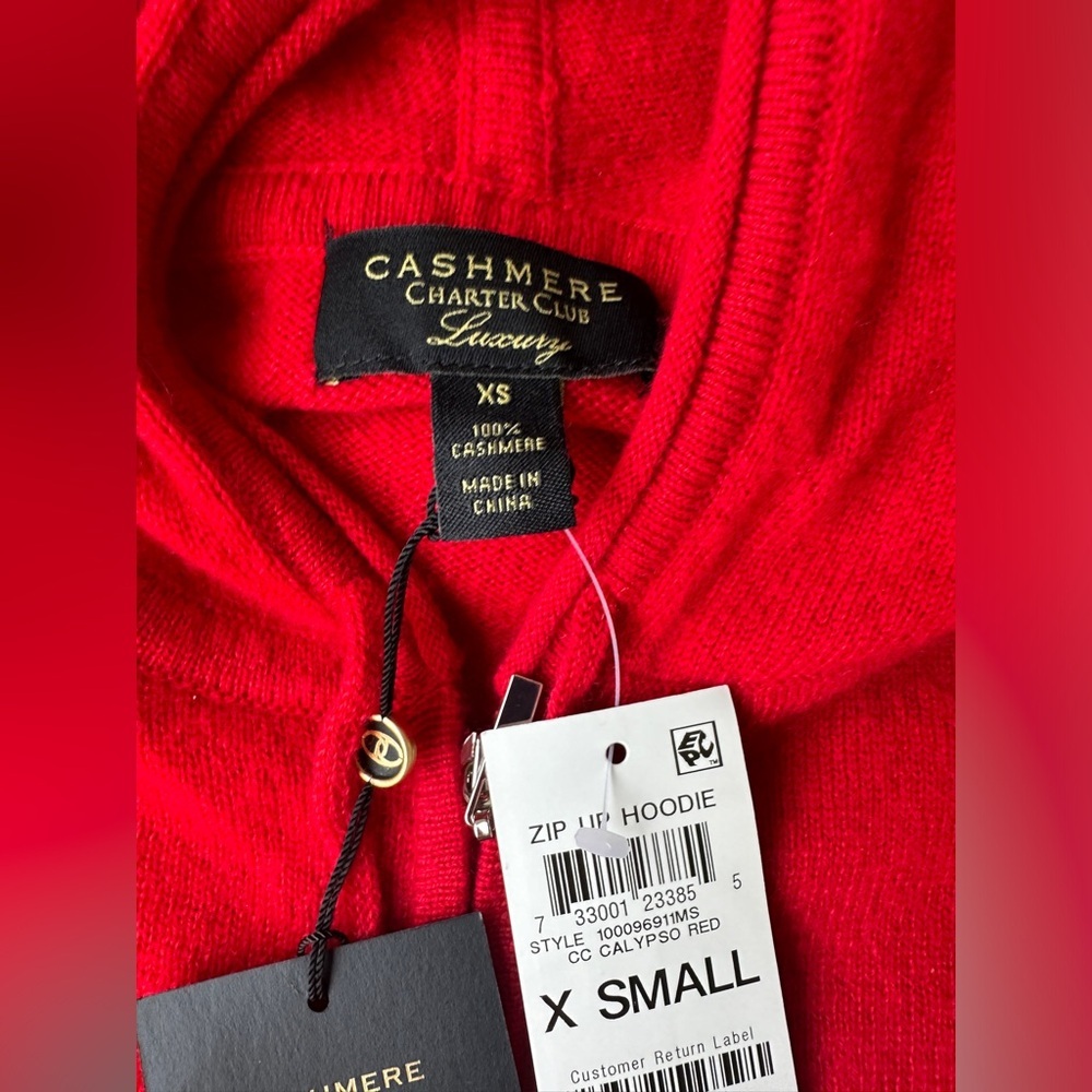 NWT Charter Club Luxury Red 100% Cashmere Full Zip Hoodie Sweater Women's XS - Picture 3 of 9